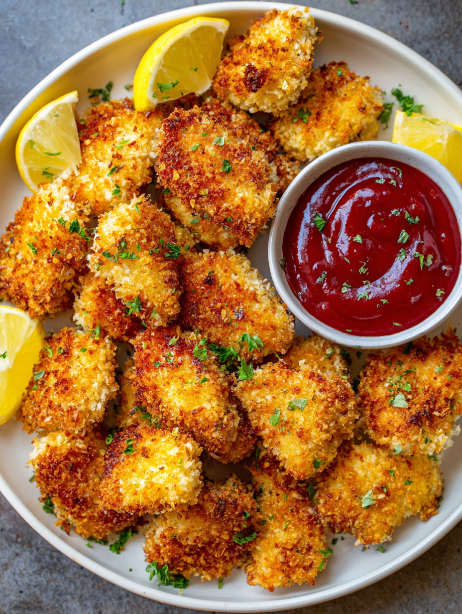A plate of air fryer chicken nuggets with a bowl of ketchup.