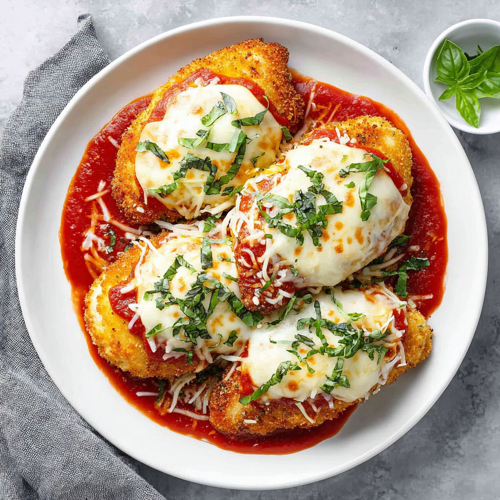 A plate of chicken parmesan with cheese and sauce.