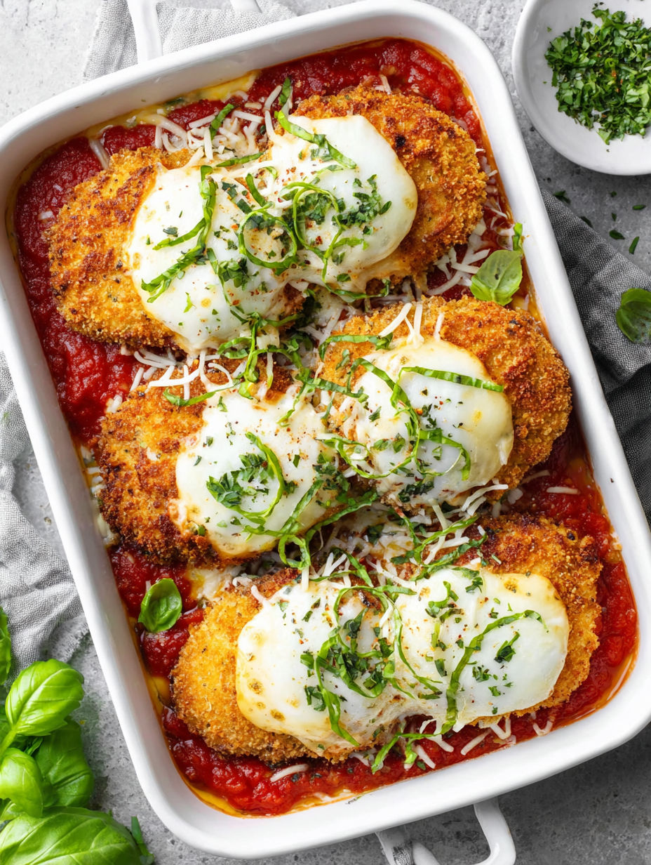 A dish of chicken with cheese and herbs.