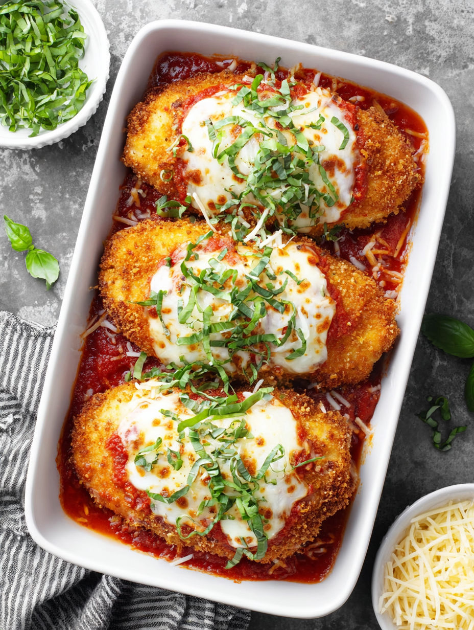 A dish of chicken with cheese and sauce.