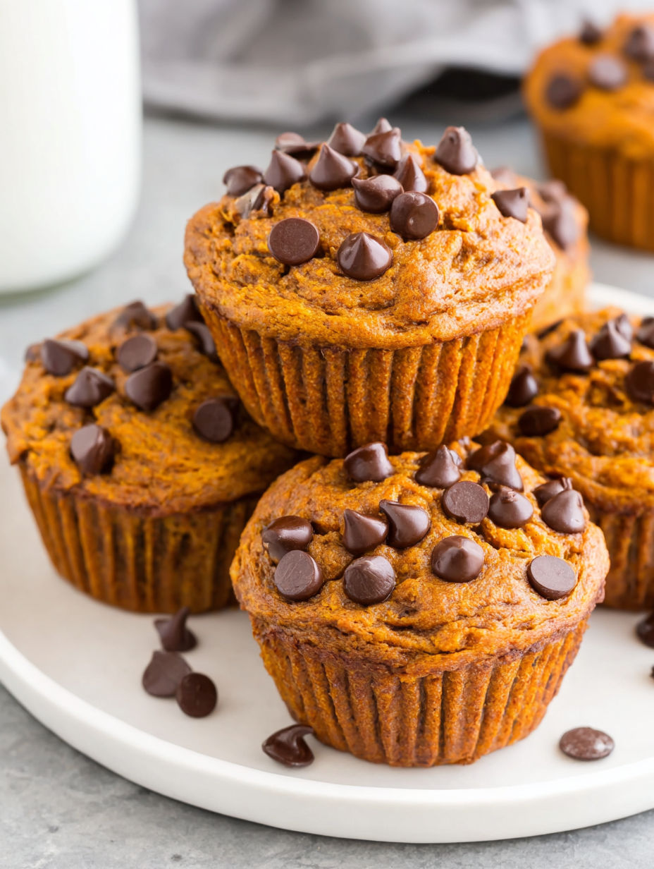 A stack of chocolate chip muffins with orange frosting.