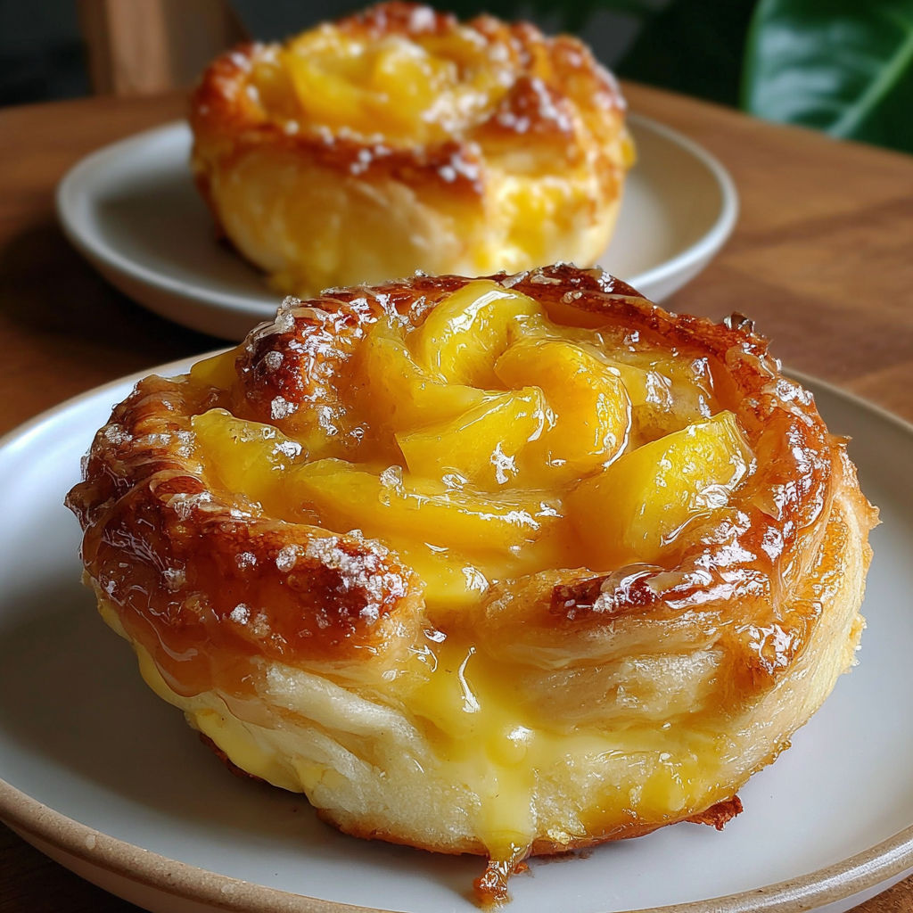Two golden peach cheesecake rolls on a plate.