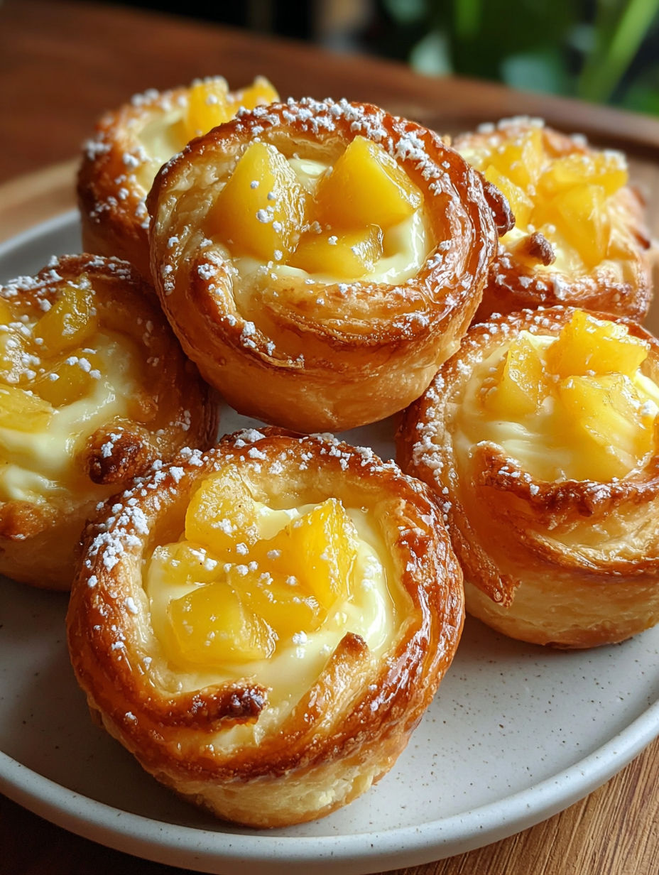 A plate of pastries with powdered sugar on top.