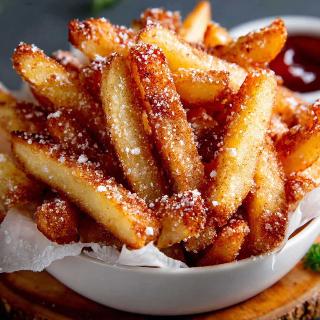 A bowl of crispy air fryer apple fries.