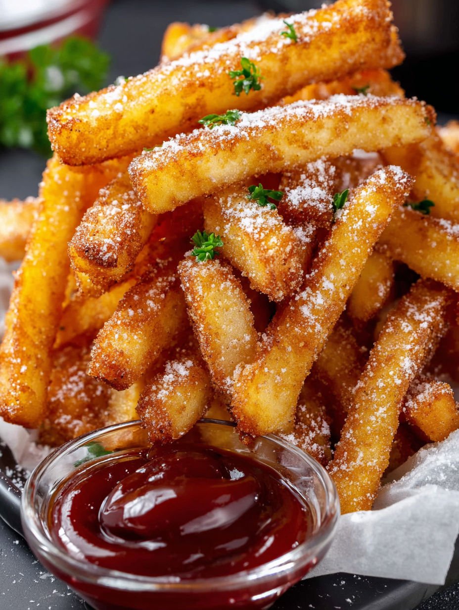 A plate of french fries with ketchup.