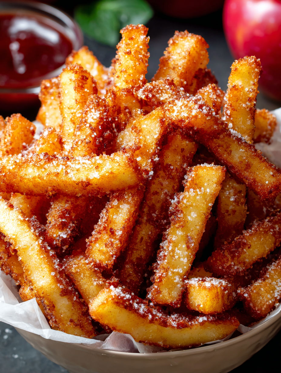 A bowl of french fries with sugar sprinkled on top.