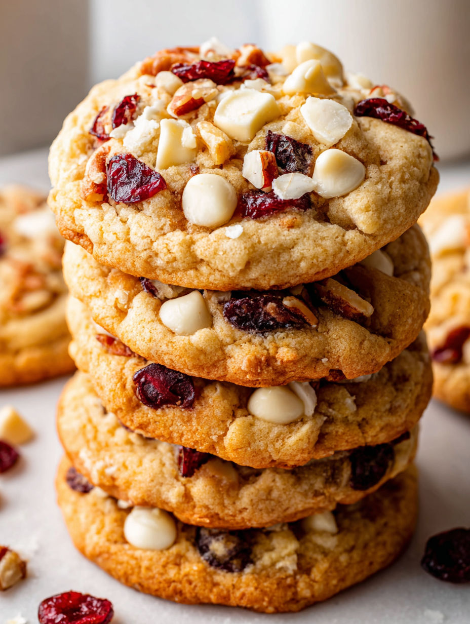 A stack of cookies with white chocolate and red berries.