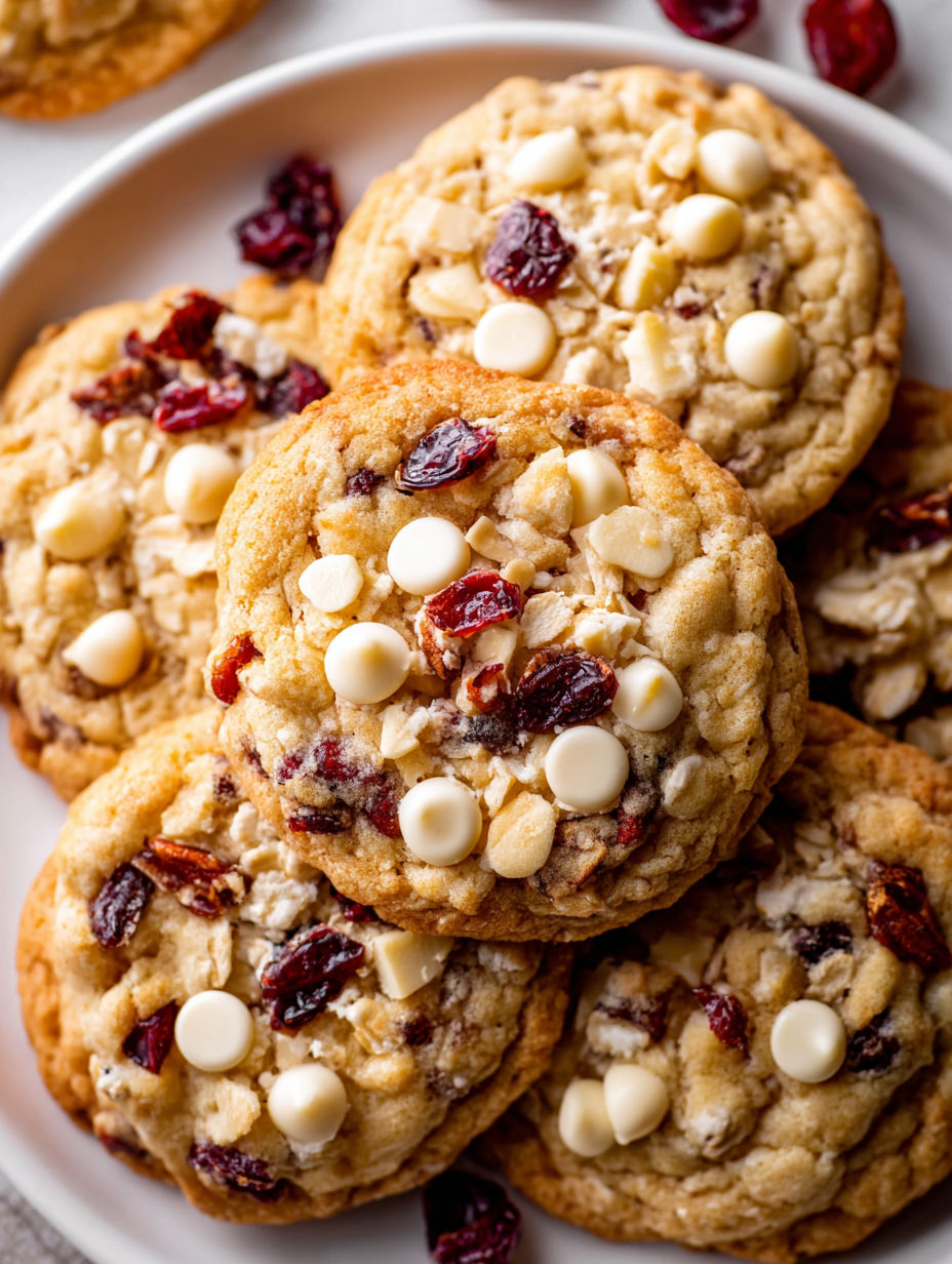 A plate of cookies with white chocolate and red raisins.