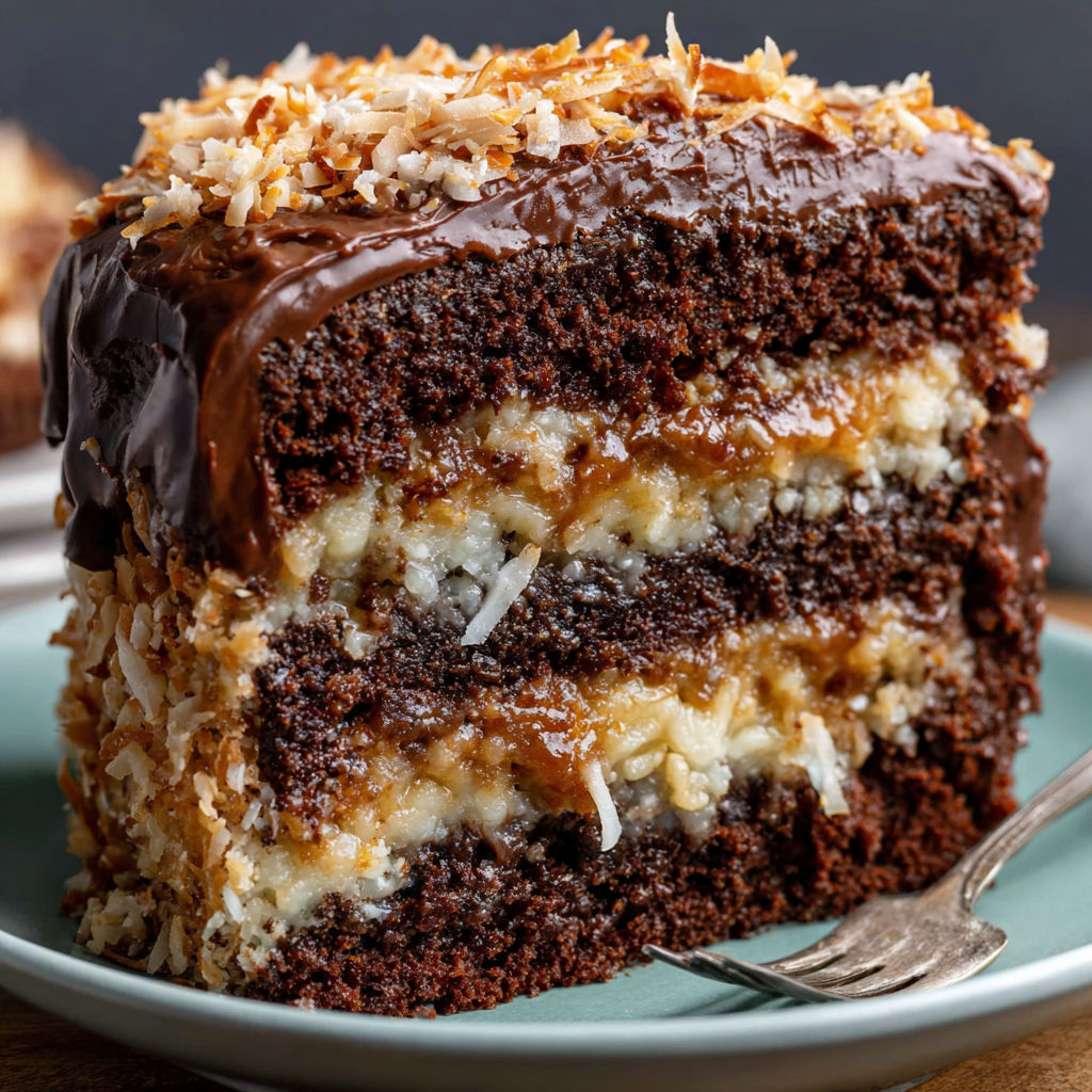 A slice of German Chocolate Cake with coconut and pecans.