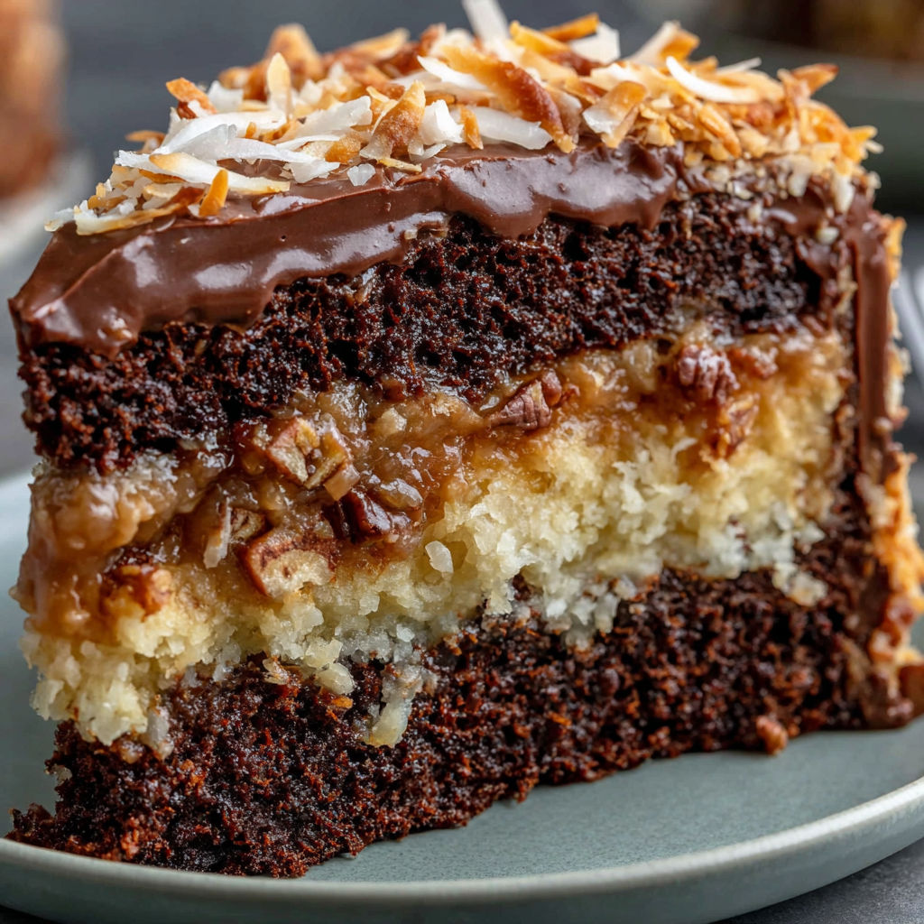 A slice of German Chocolate Cake with coconut and pecans.