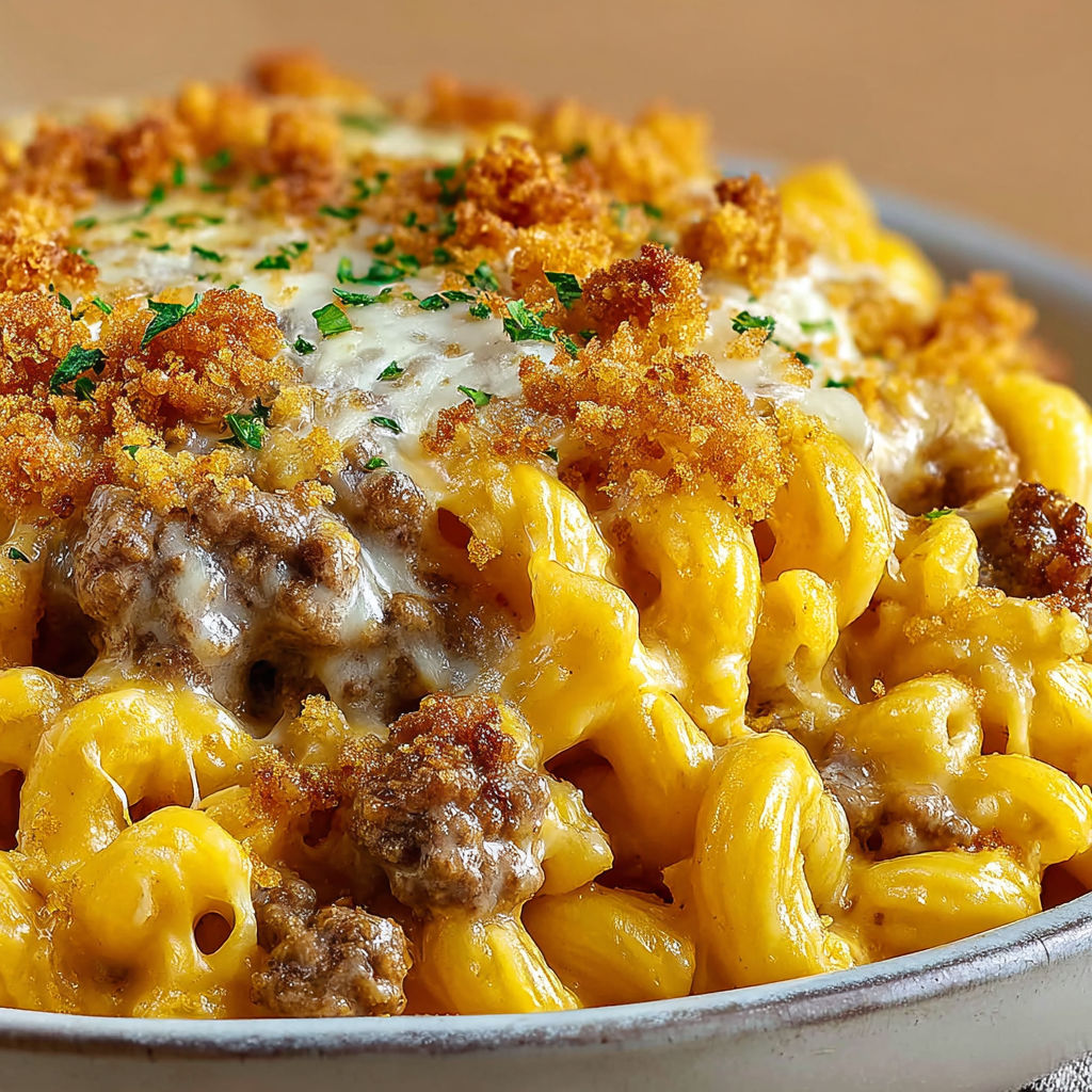 A plate of macaroni and cheese with meat on top.