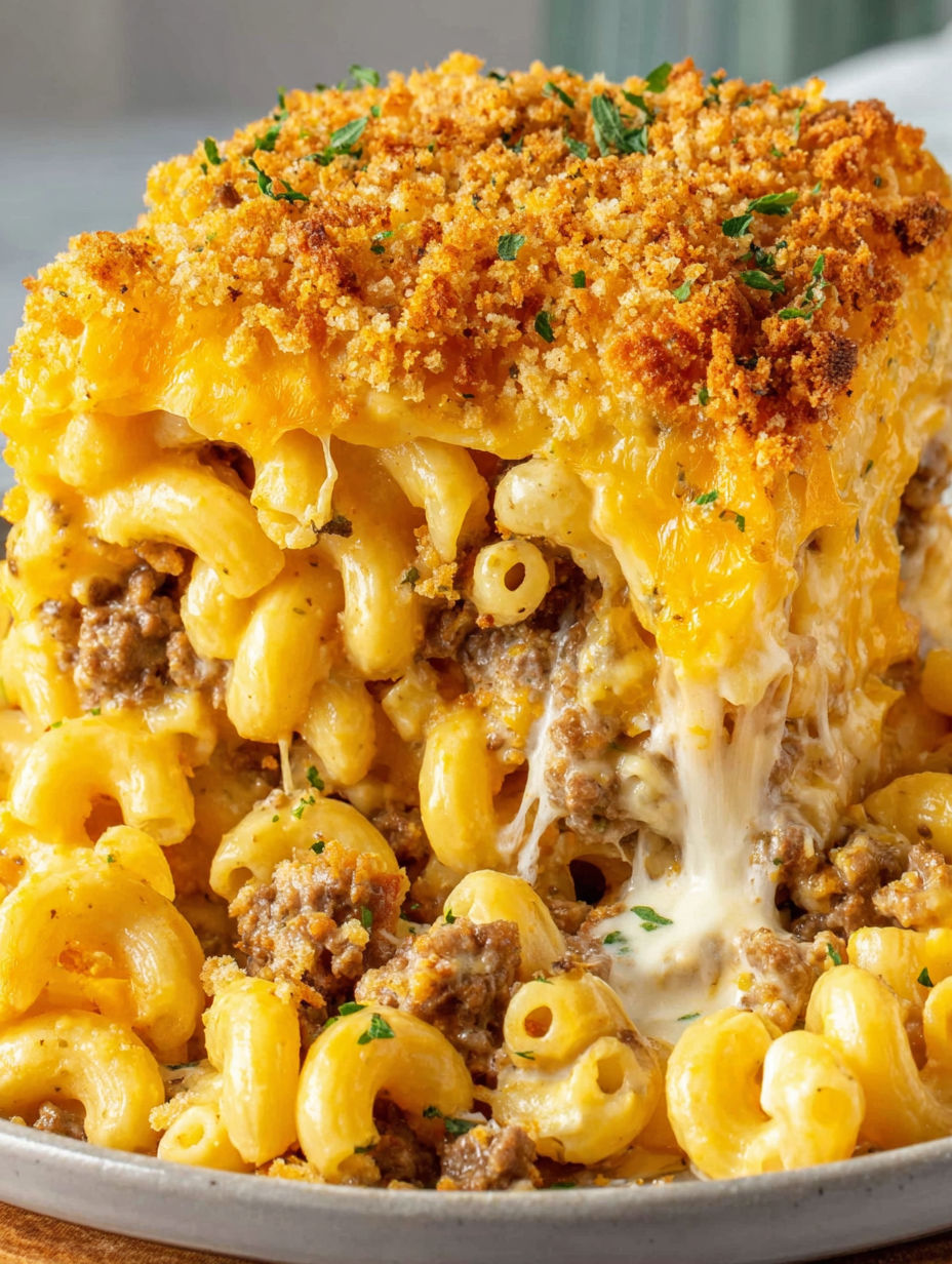 A cheesy macaroni hamburger casserole.