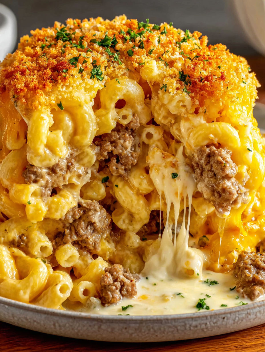 A cheesy macaroni hamburger casserole.