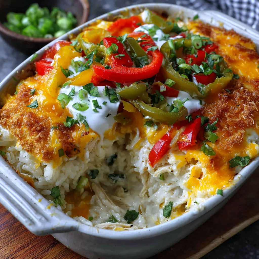 A delicious fajita chicken casserole bake.