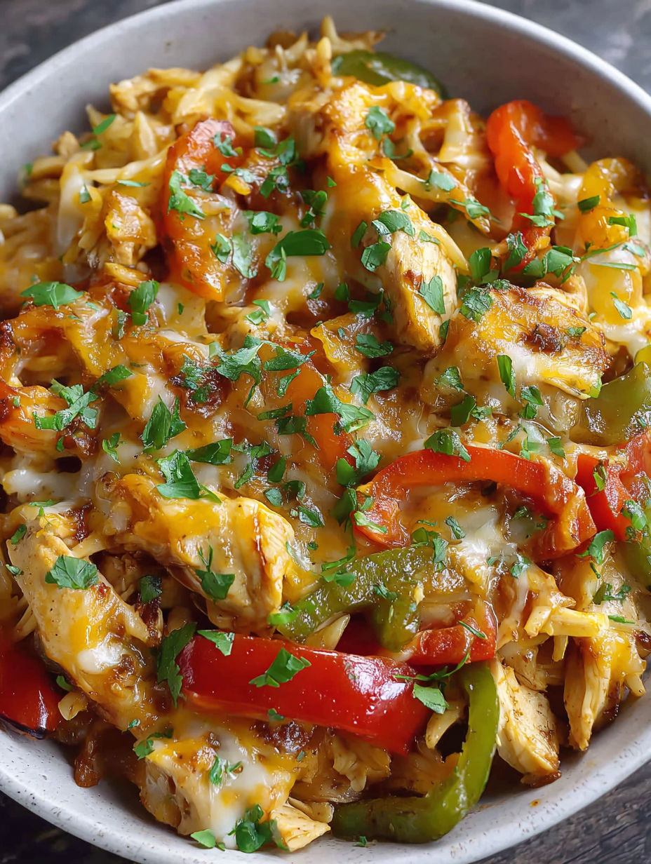 A bowl of food with chicken, peppers, and cheese.