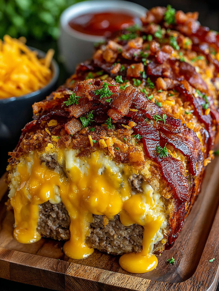A hearty bacon cheeseburger loaf with cheese and bacon.