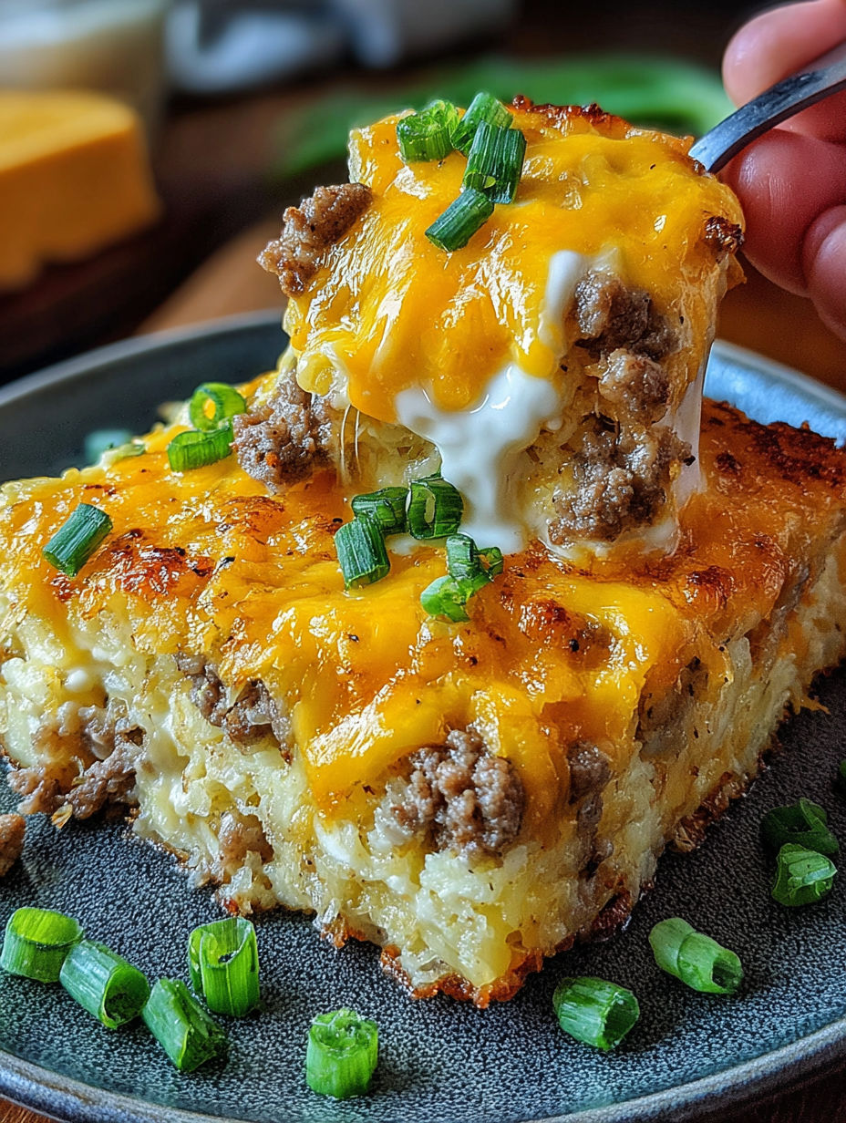 A piece of sausage and egg casserole with a dollop of cream cheese on top.