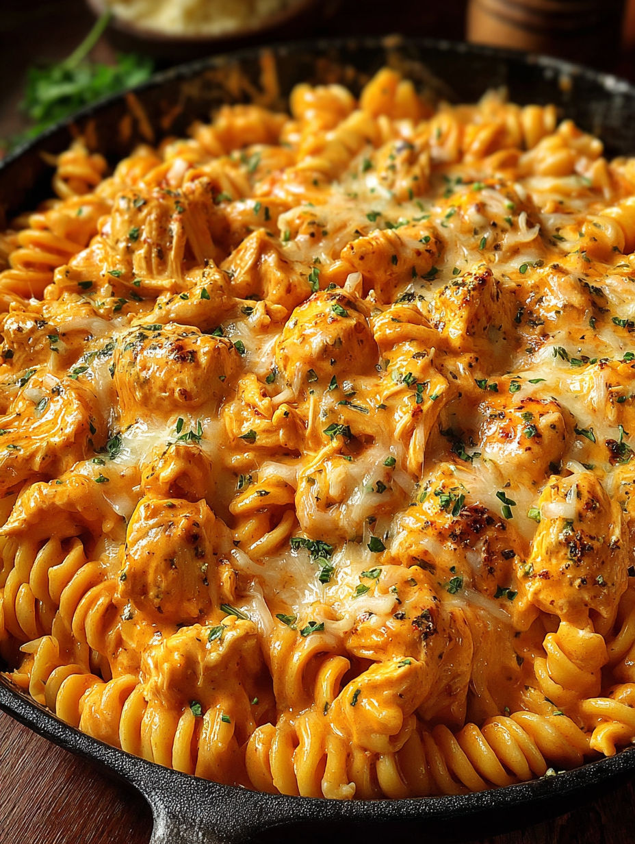 A bowl of pasta with chicken and cheese.
