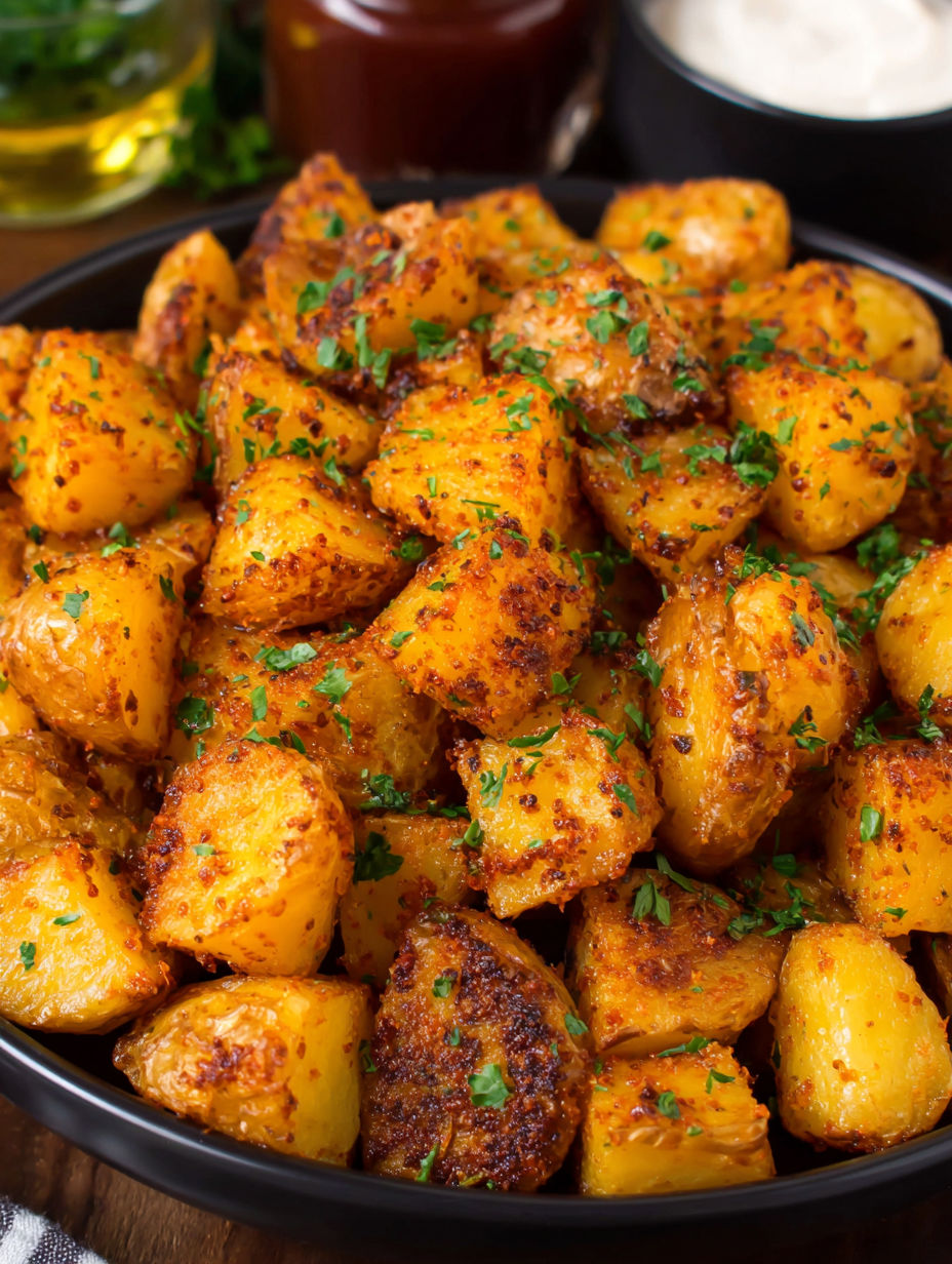 A bowl of potatoes with herbs on top.