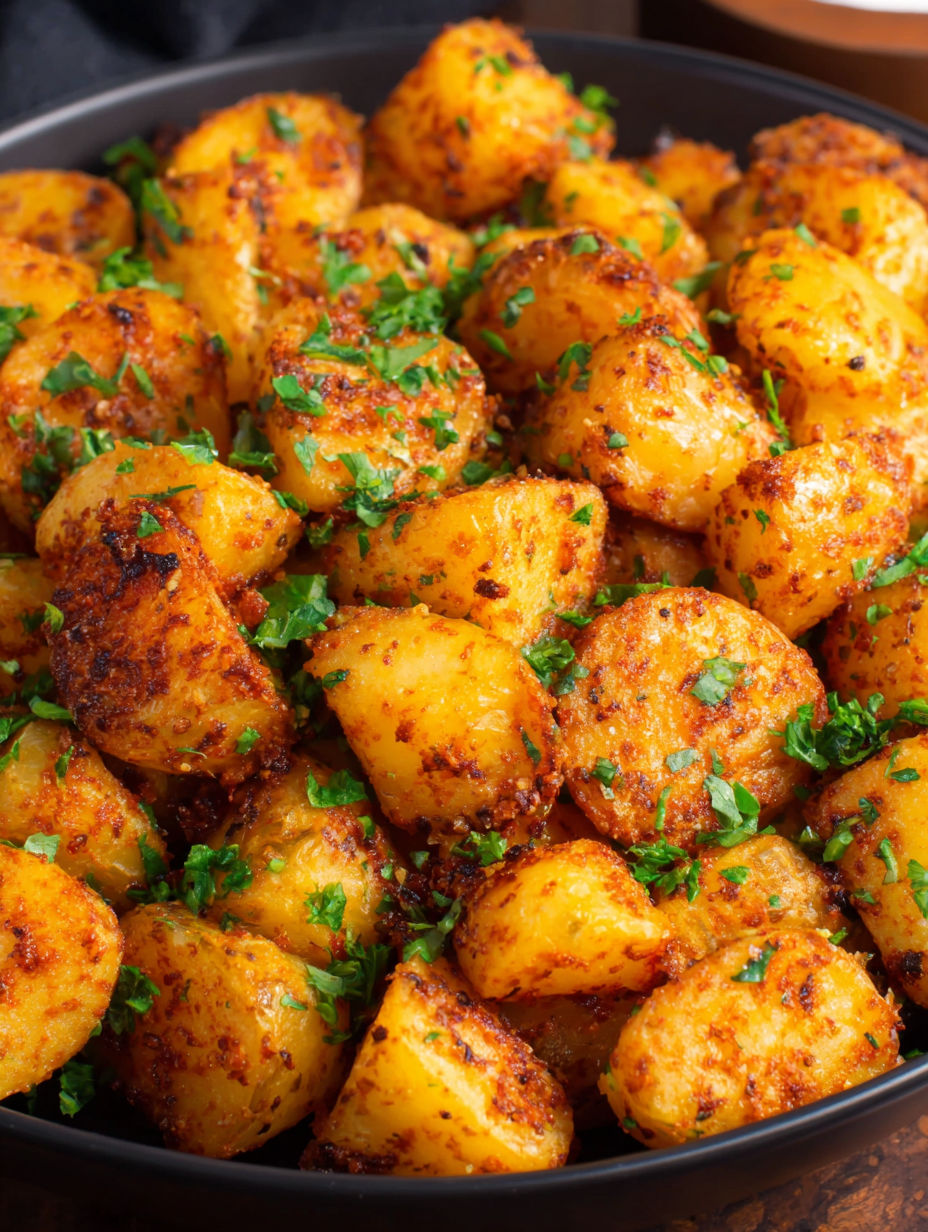 A close up of a dish of potatoes with green herbs on top.