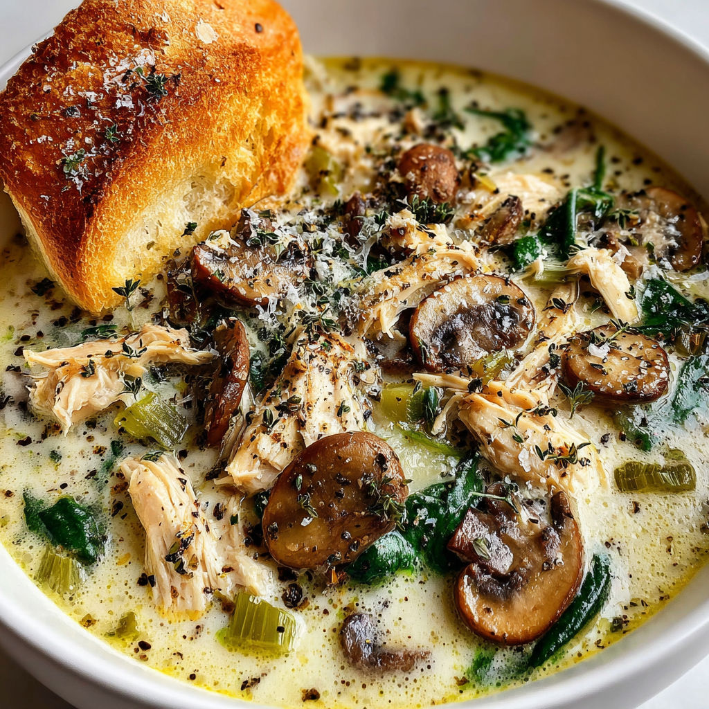 A bowl of creamy rotisserie chicken mushroom soup.