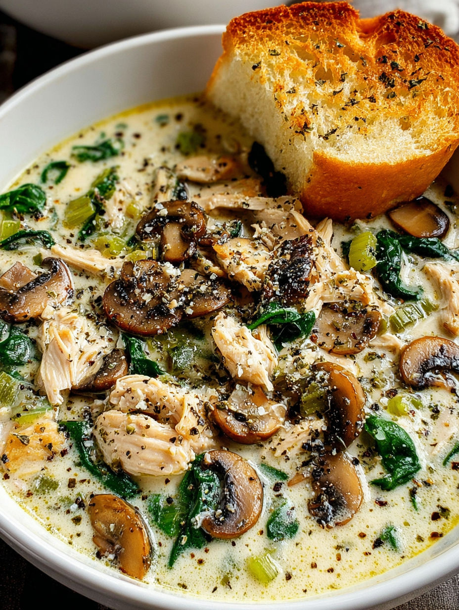 A bowl of soup with mushrooms and bread.