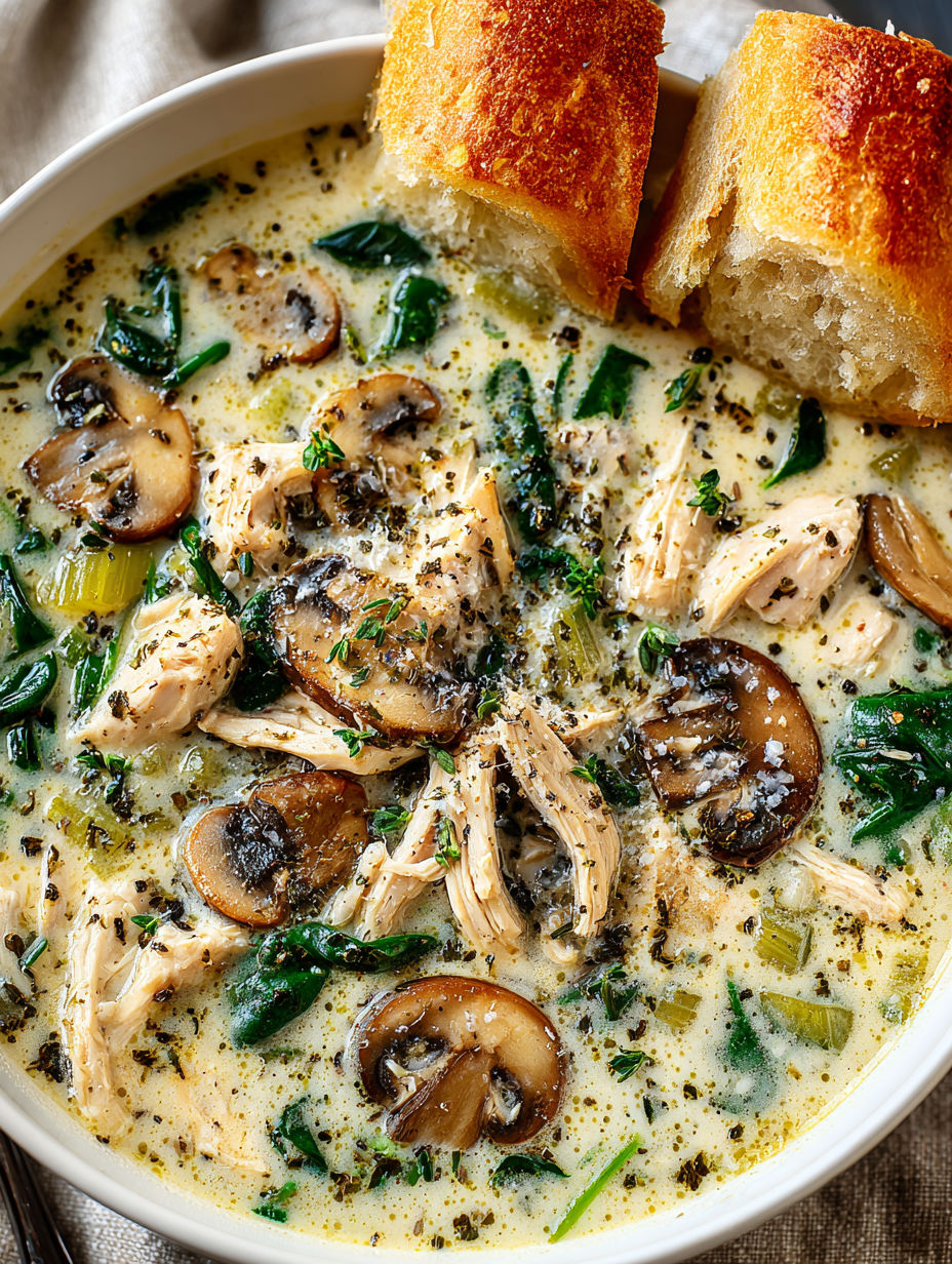 A bowl of soup with mushrooms and chicken.