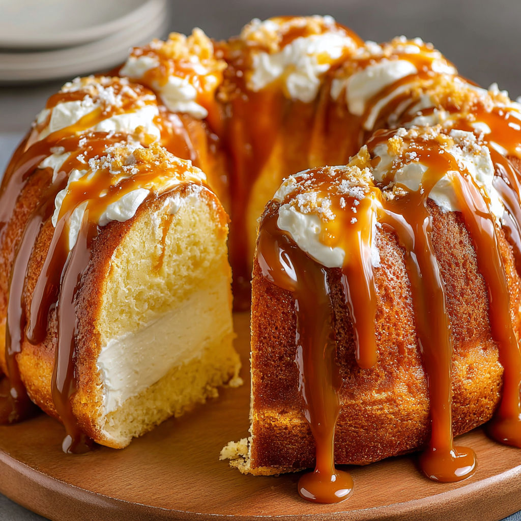 A slice of caramel cream cheese pound cake.
