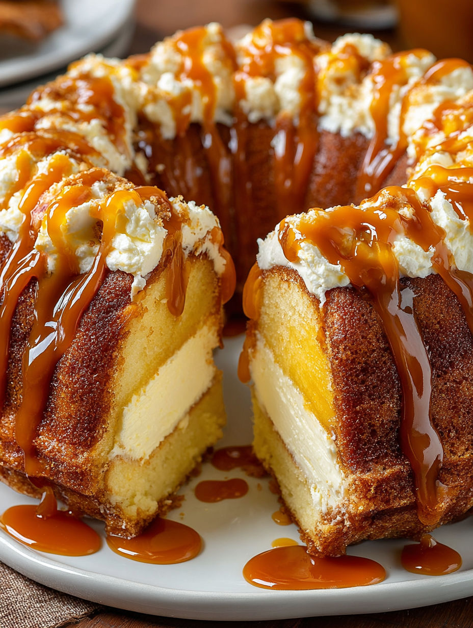 A cake with caramel sauce drizzled on top.
