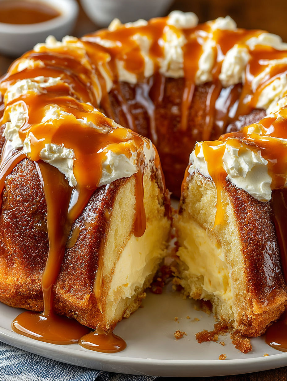 A cake with caramel sauce drizzled on top.