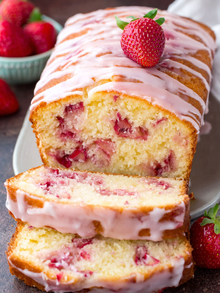 A slice of moist strawberry pound cake.