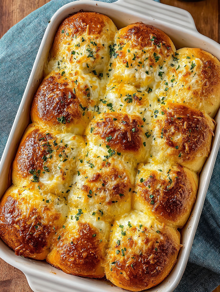 A dish of bread with cheese and herbs.