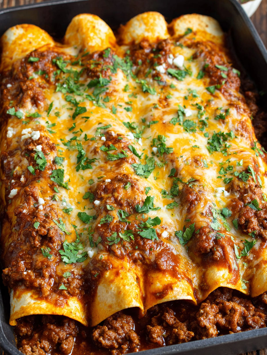 A dish of beef enchiladas with red sauce.