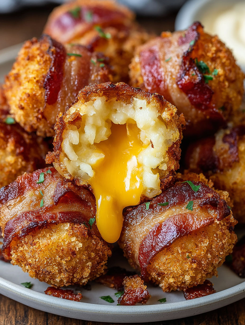 A plate of bacon wrapped around a cheese filled center.