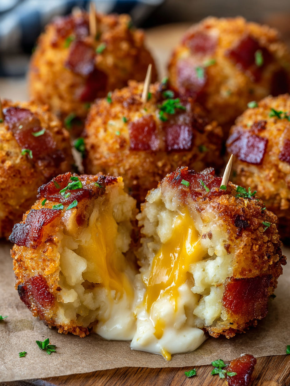 A close up of a bacon wrapped appetizer with cheese oozing out.