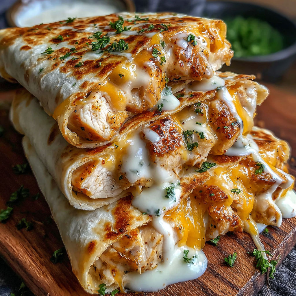 A stack of cheesy garlic chicken wraps.