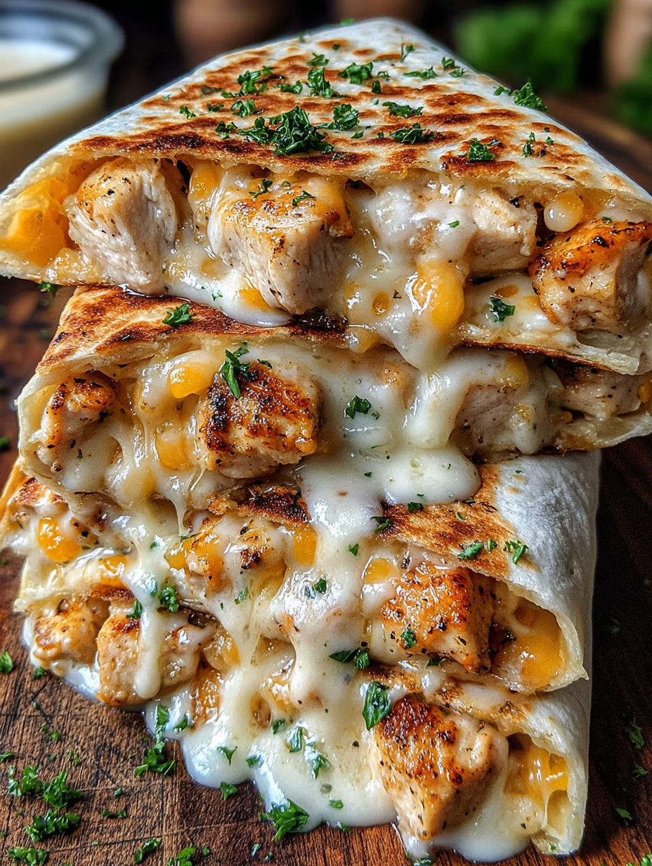 A cheesy garlic chicken wrap.