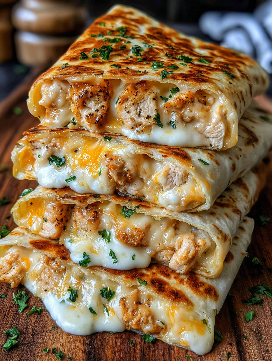 A stack of cheesy garlic chicken wraps.