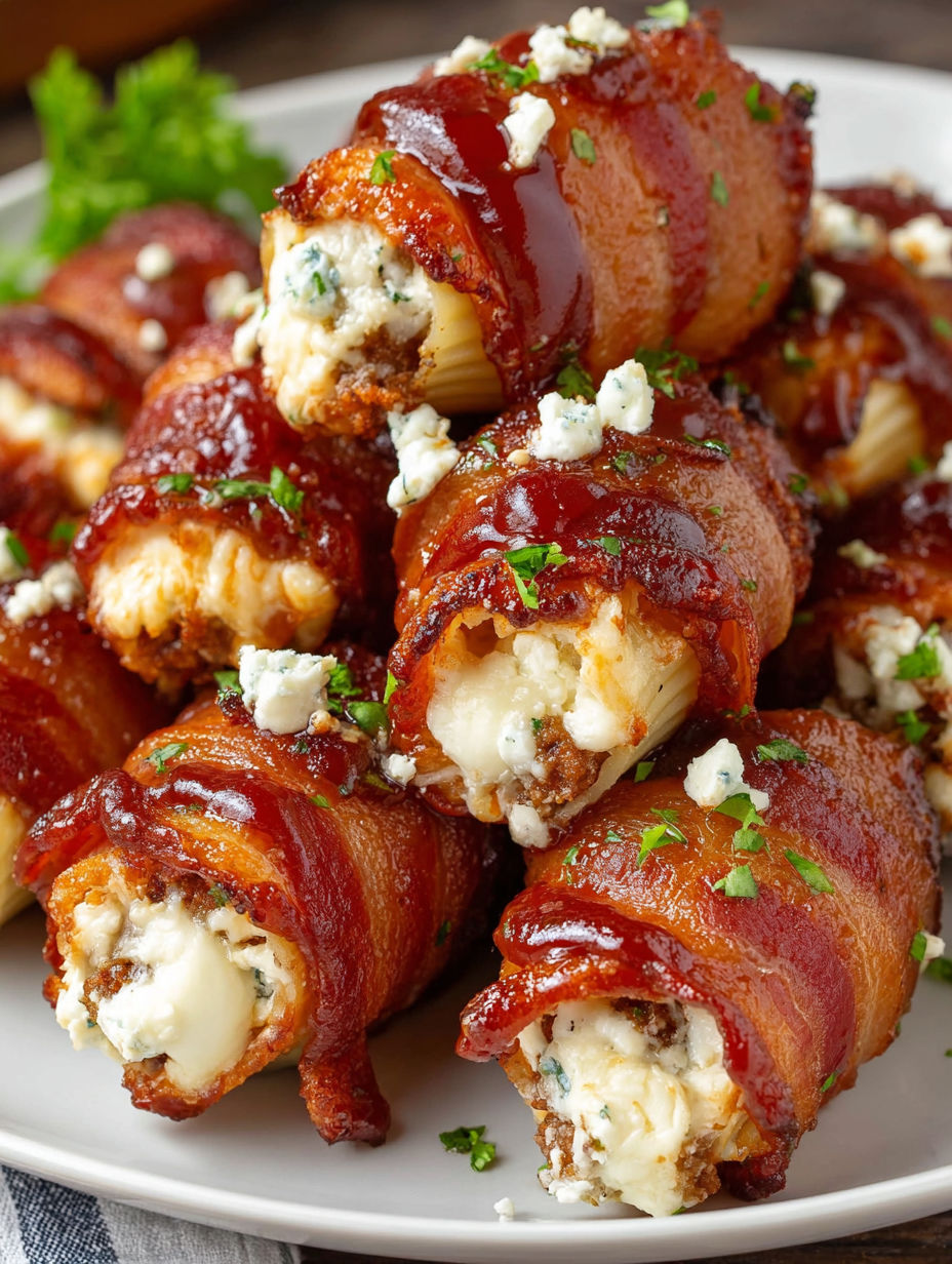 A plate of bacon wrapped around meat and cheese.