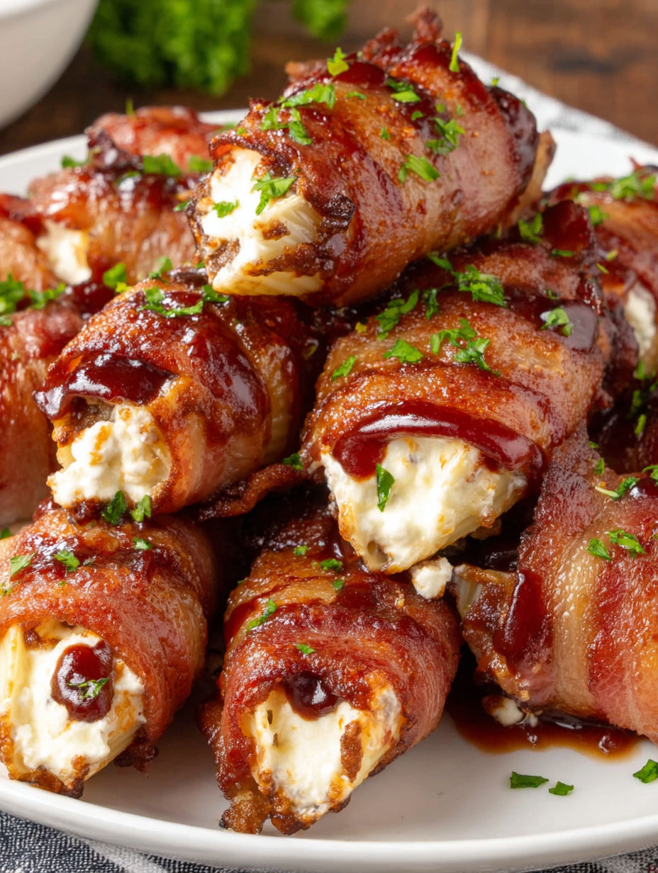 A plate of bacon wrapped around cheese and wrapped in bacon.