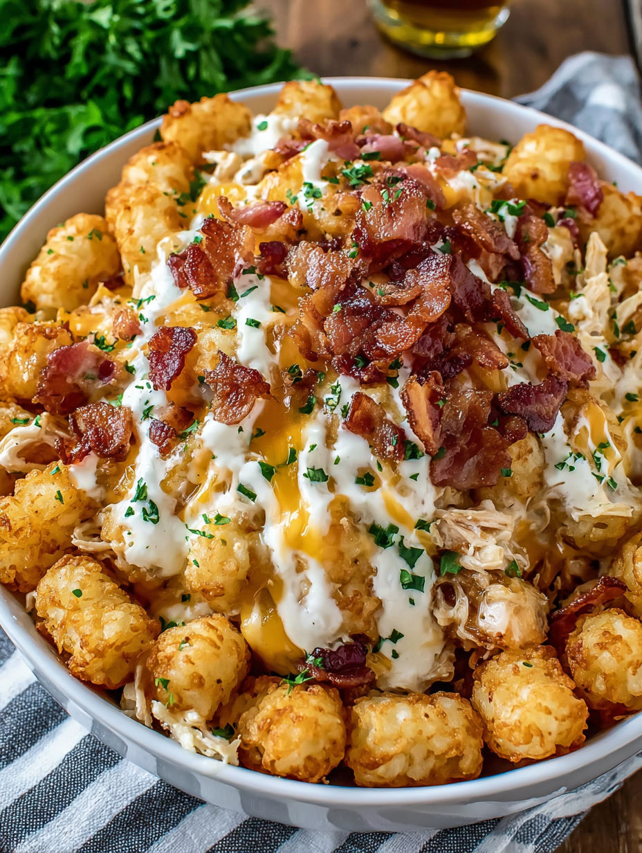 A bowl of food with bacon and cheese.