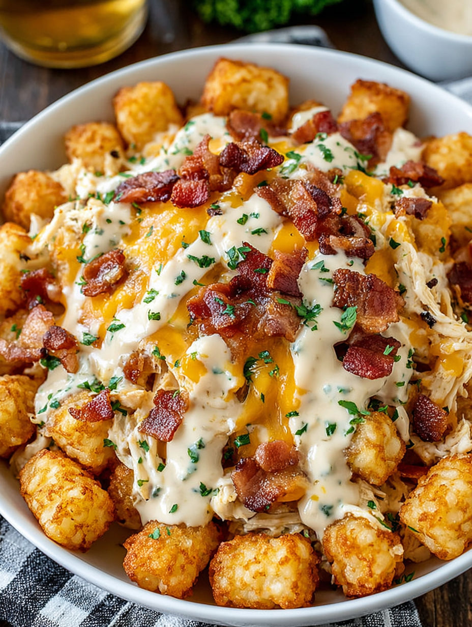 A bowl of food with bacon and cheese.