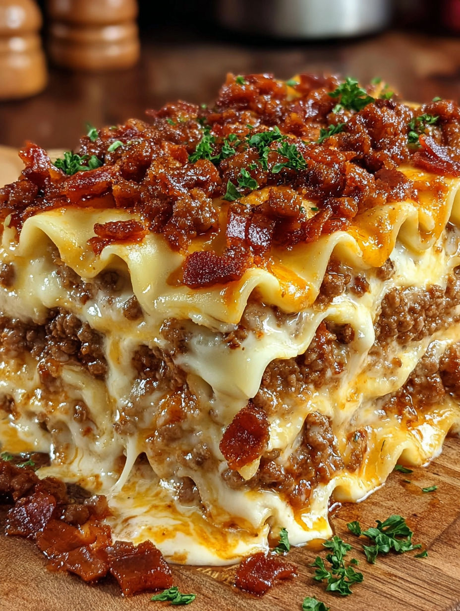 A large stack of lasagna with bacon on top.