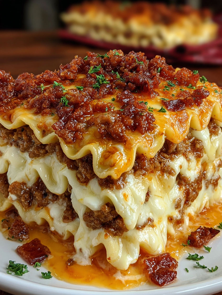 A large dish of food with bacon and cheese.
