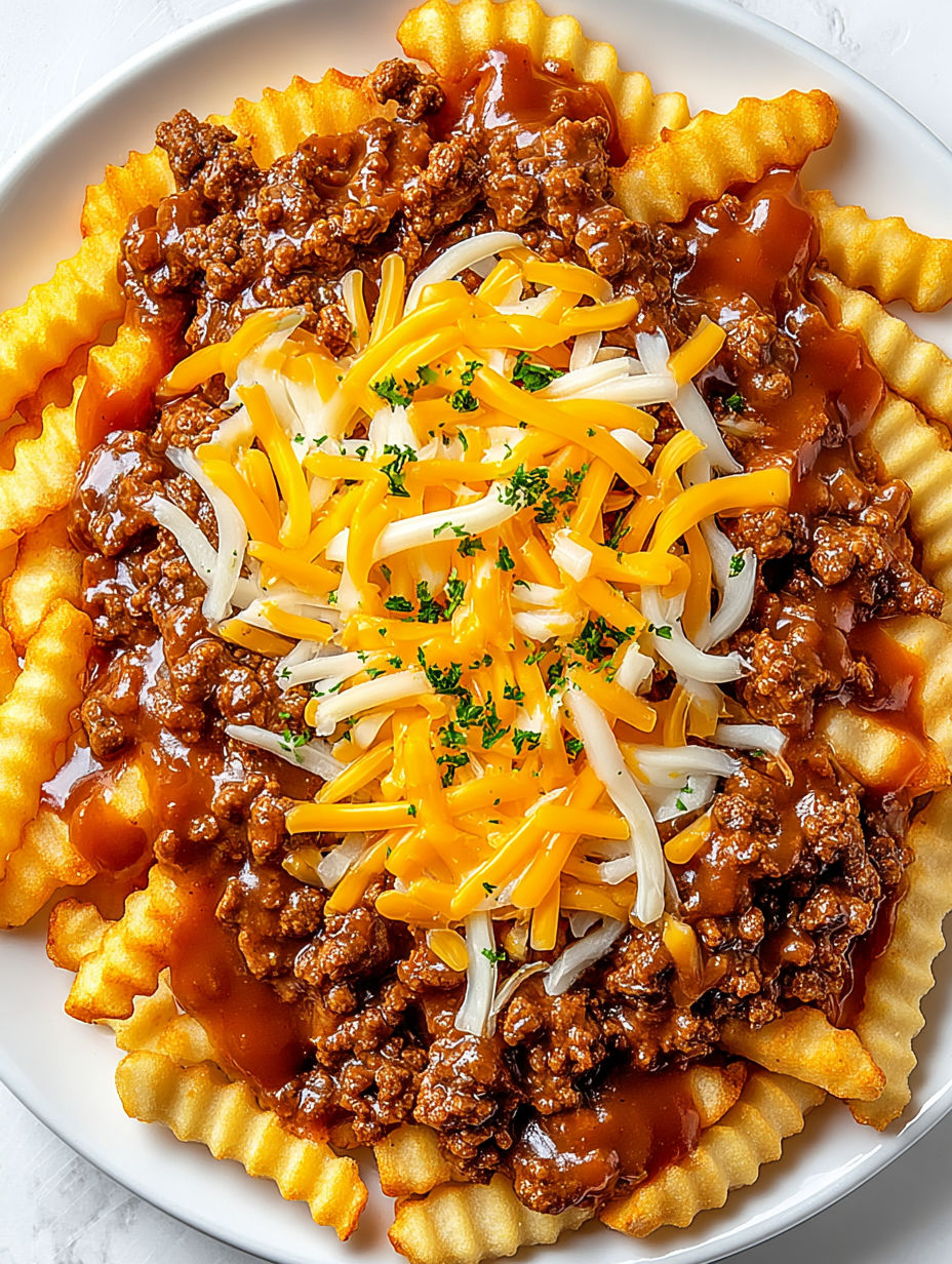 A plate of food with cheese and chili on top.
