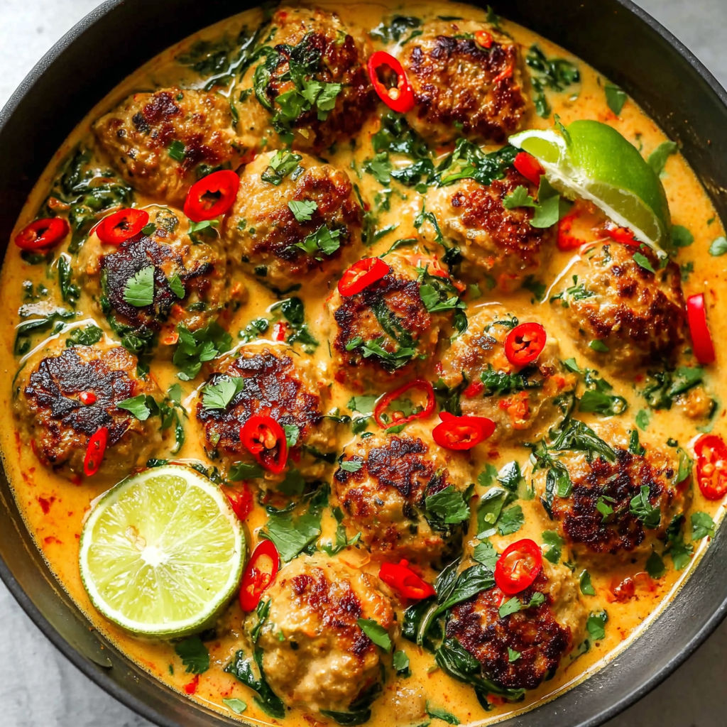 A bowl of meatballs in a coconut curry.