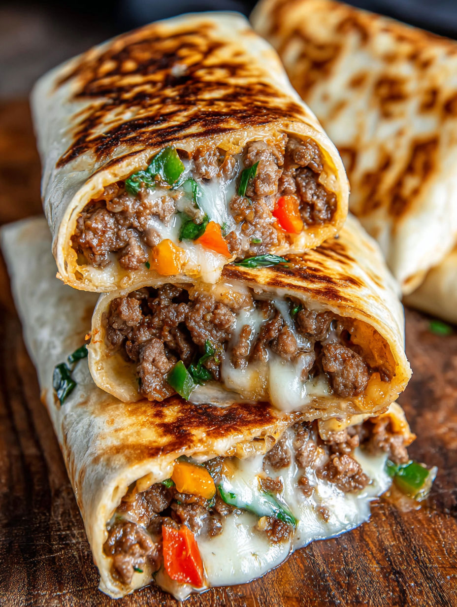A burrito with meat and cheese.