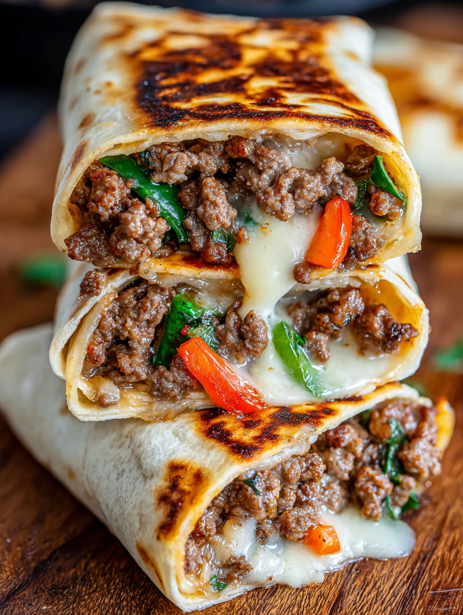 A burrito with meat and cheese.