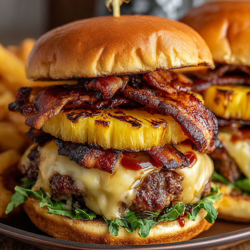 A close up of a pineapple bacon burger.
