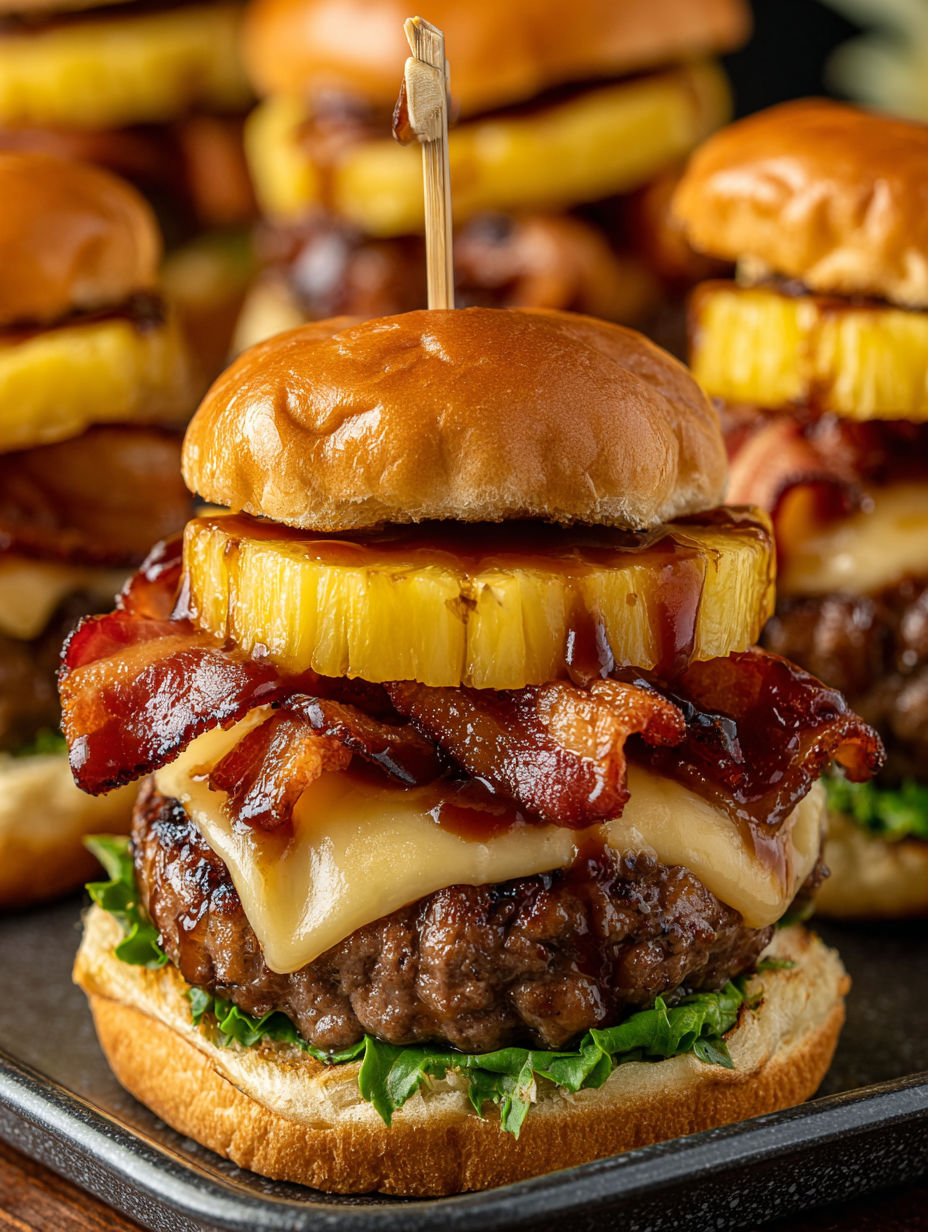 A close up of a hamburger with bacon and pineapple.